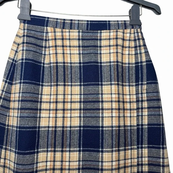VTG Pendleton 100 % Virgin Wool Plaid Skirt 9/10 Blue Tan A-Line Midi USA Preppy - Picture 4 of 12